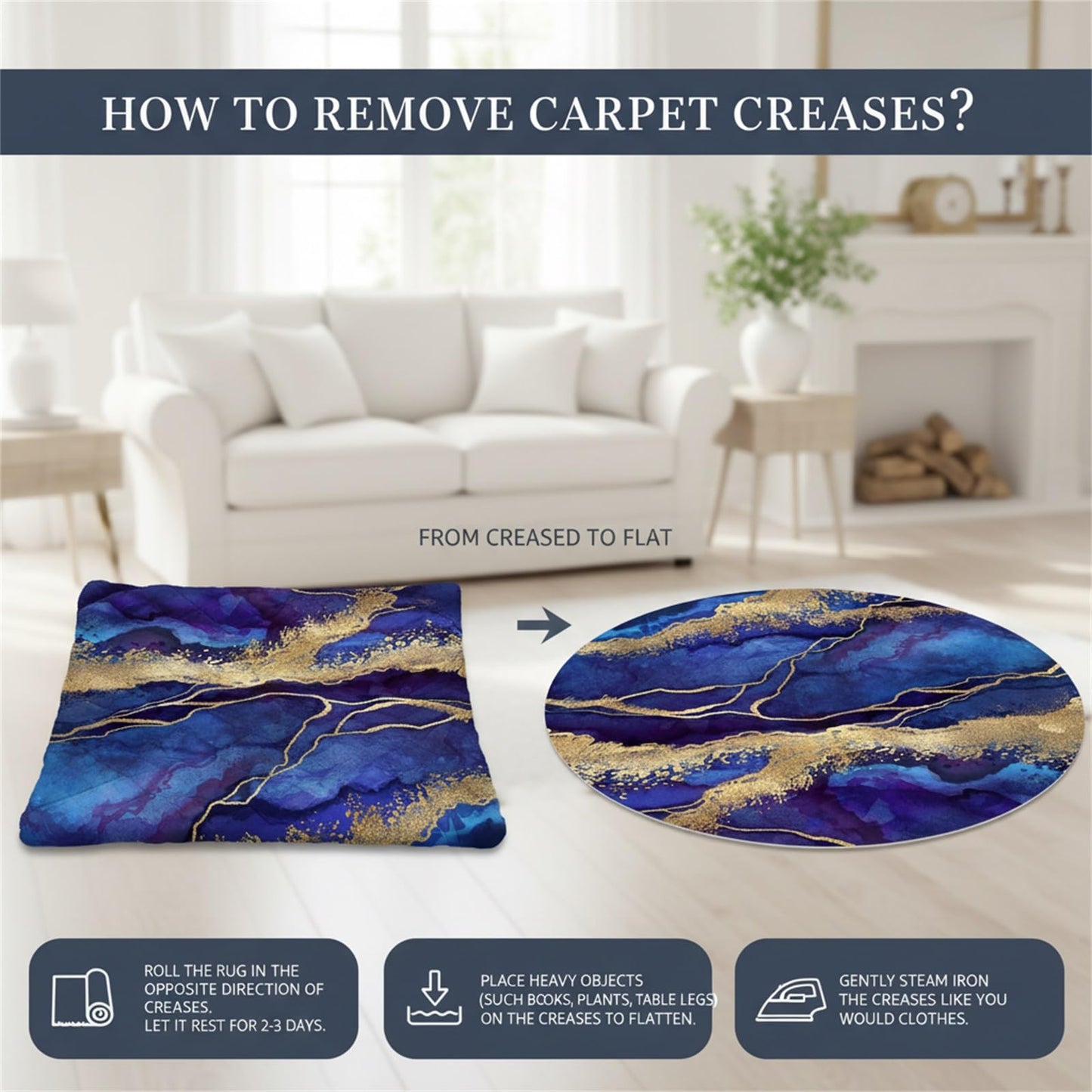 Royal Blue Gold Modern Abstract Marble Pattern Round Area Rugs for Living Room Bedroom Art Deco Circular Rug Soft Wool Washable Non Shedding Home Office Conference Room Large Floor Carpet 6ft
