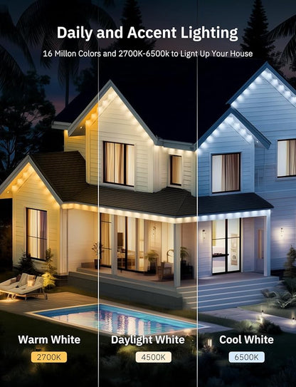 Permanent Outdoor Lights Pro, Smart LED Christmas Eaves Light 50ft with 25 IC+RGBCW LED Lights for House, IP67 Waterproof, for Halloween Xmas Decor, APP/Remote Control