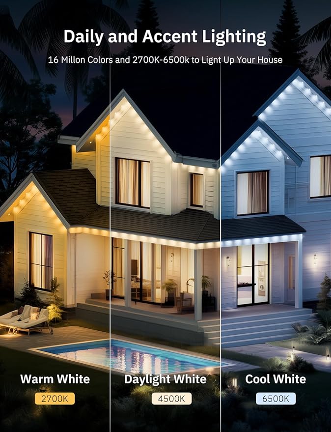150FT Permanent Outdoor Lights Pro, 75 IC+RGBCW Smart Eaves Lights with 48 Scene Modes, IP67 Waterproof Outside Halloween Christmas String Lights for House All Year Decor, APP/Remote Control
