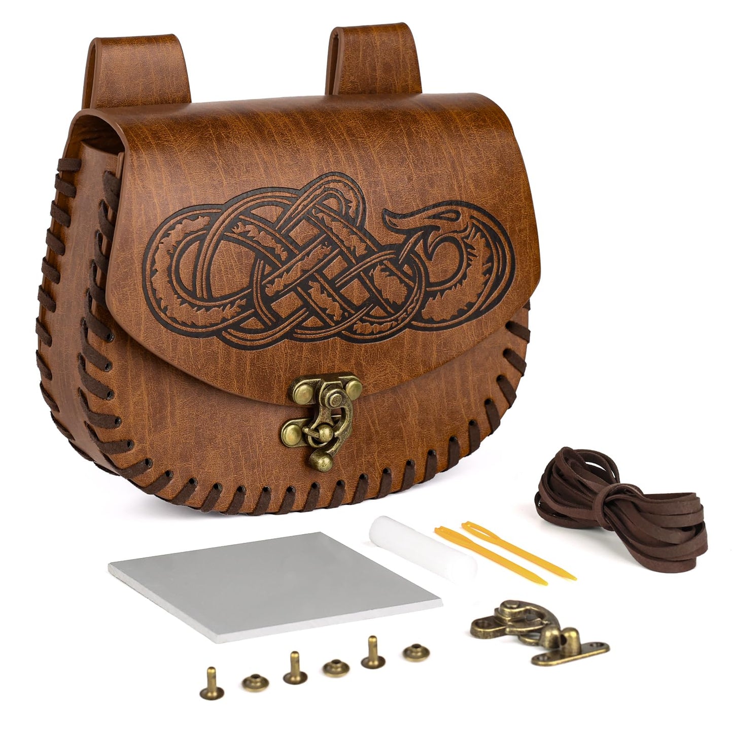 HiiFeuer Viking Craft Kits Belt Bag, Vintage DIY Kits Medieval Faux Leather Side Pack, Portable Belt Pouch for Ren Faire (Brown A)