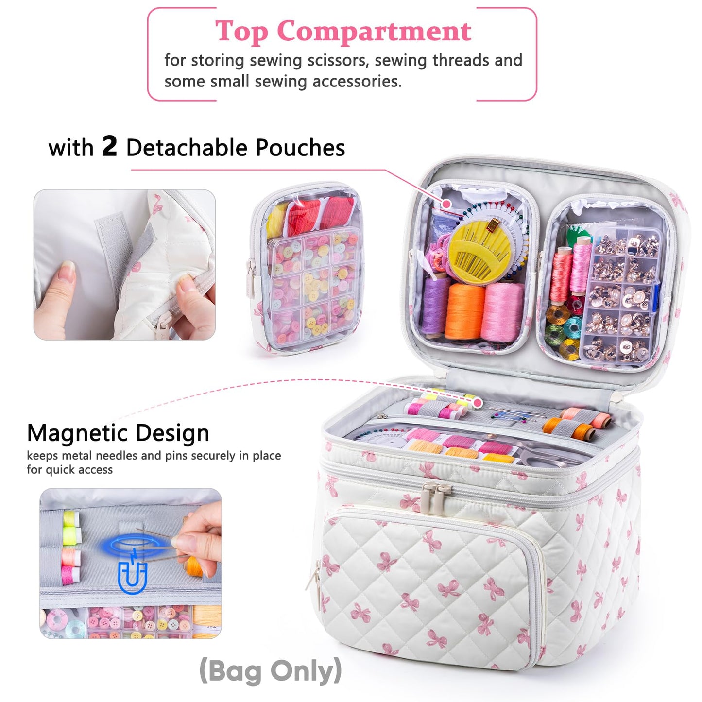 AMOIGEE Double-Layer Sewing Organizer Storage Bag with 2 Detachable Pouches, Large Quilted Sewing Basket for Supplies & Tools, Portable Travel Sewing Kit Case, Gift for Mom(Bag ONLY)