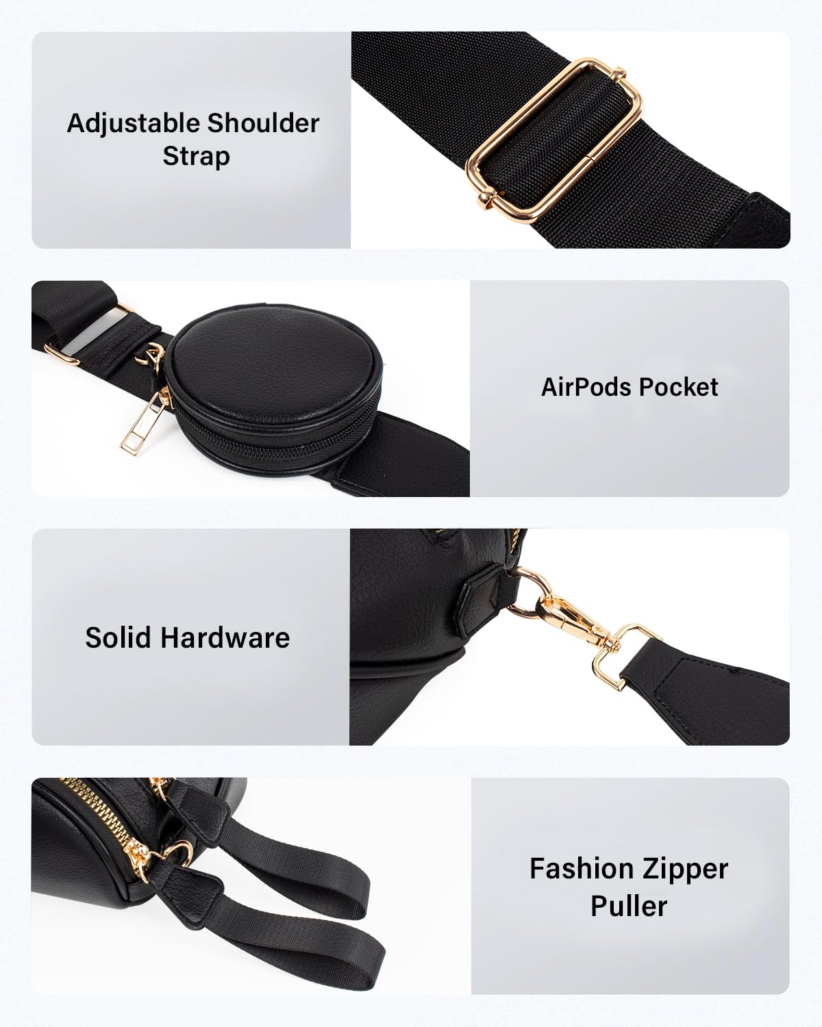 Valentoria Fashionable Womens Leather Waist Bag Crossbody Bag Detachable Wallet Adjustable Shoulder Strap (Black)