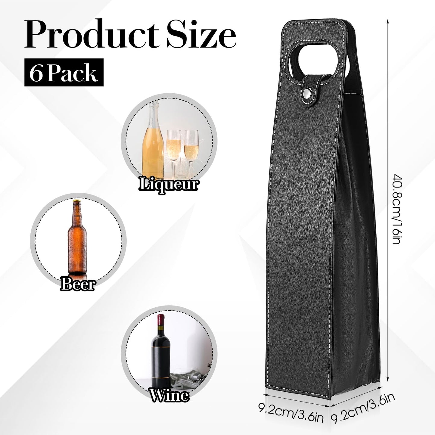 JIEYAO 6 Pack PU Leather Wine Tote Bags, Reusable Single Bottle Gift Bags Black Champagne Beer Carrier Case Holder for Wedding Birthday Christmas
