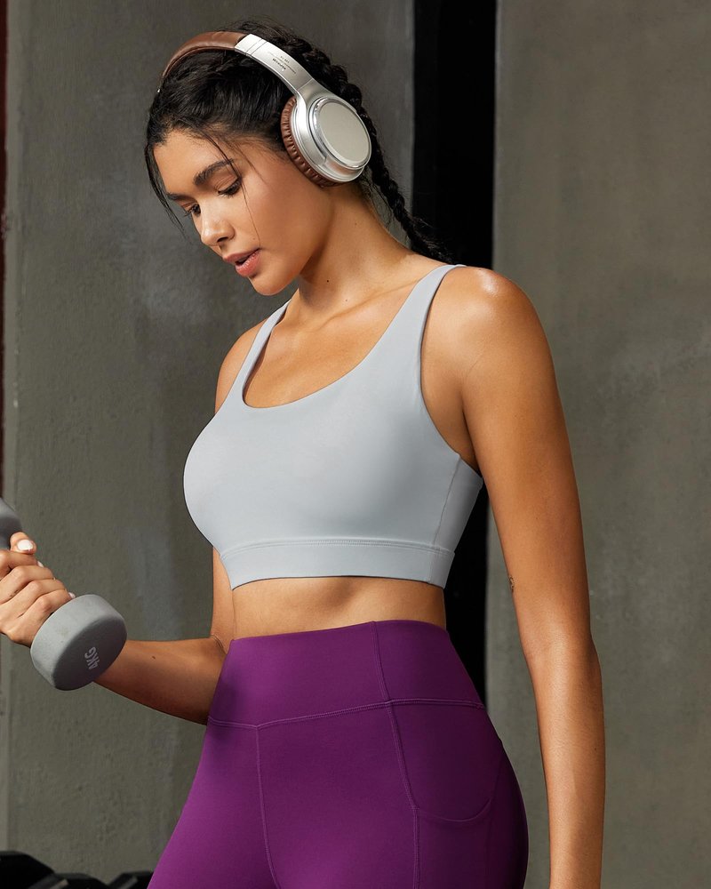 RUNNING GIRL Sports Bras for Women,Scoop Neck Racerback Grey Sports Bra Padded Medium Support Workout Yoga Bra(WX3139 ICY Grey M)