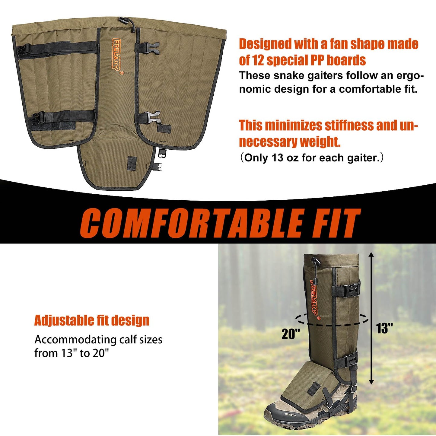 Frelaxy Snake Gaiters, Waterproof Snake Guard Chaps, Snake Bite Protection for Lower Legs, Adjustable Snake Proof Gaiters for Hunting/Outdoor Working, Fit for Men & Women