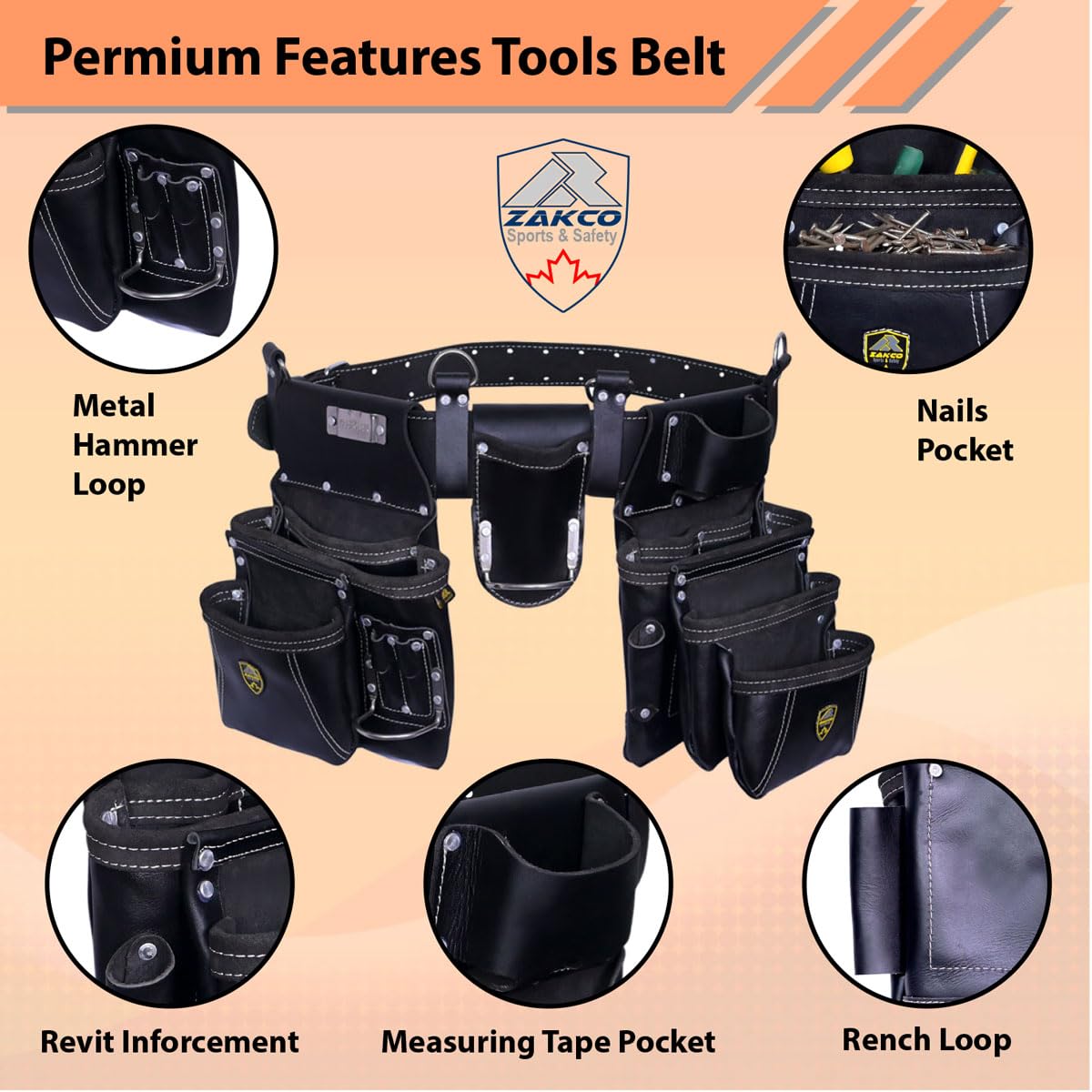 ZAKCO PRO-19 Genuine Grain Leather Multi Pockets Construction Tool Rig, Carpenter Tool Belt, 2 Leather Tool Pouches, Pro Style Tool Belt for Framers, Handyman, Drywall & Roofers (BLACK, Full Size)