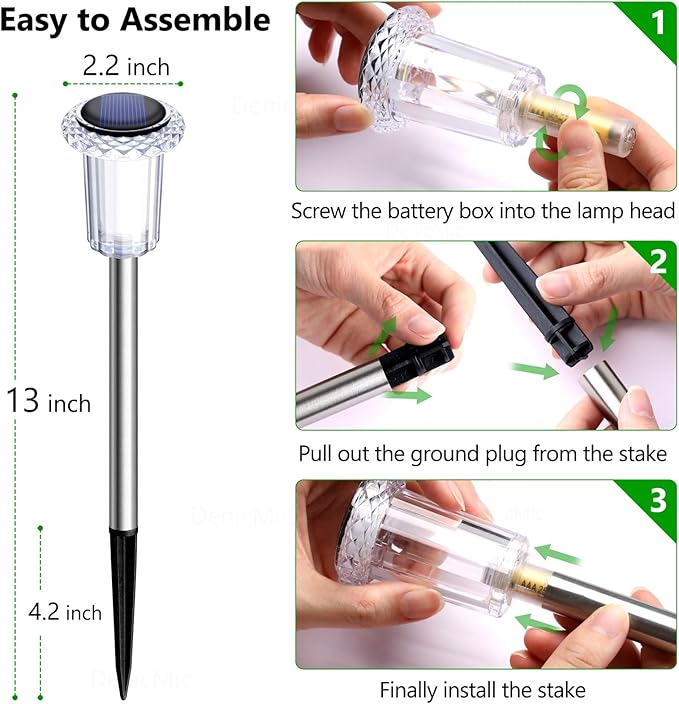 DenicMic Solar Lights Outdoor 15 Pack Waterproof 6000K Cold White LED Stainless Steel Stake for Pathway Yard Garden Driveway Solar Powered Outside Decor