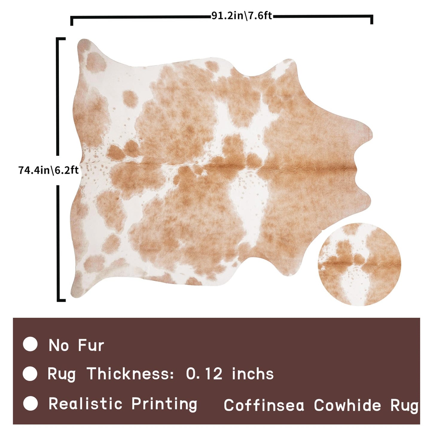 Cowhide Rug Cow Print 6.2x7.6 Feet Cow Hide Rug for Living Room Bedroom Dining Room Home Office Brown Animal Print Carpet for Home Decor