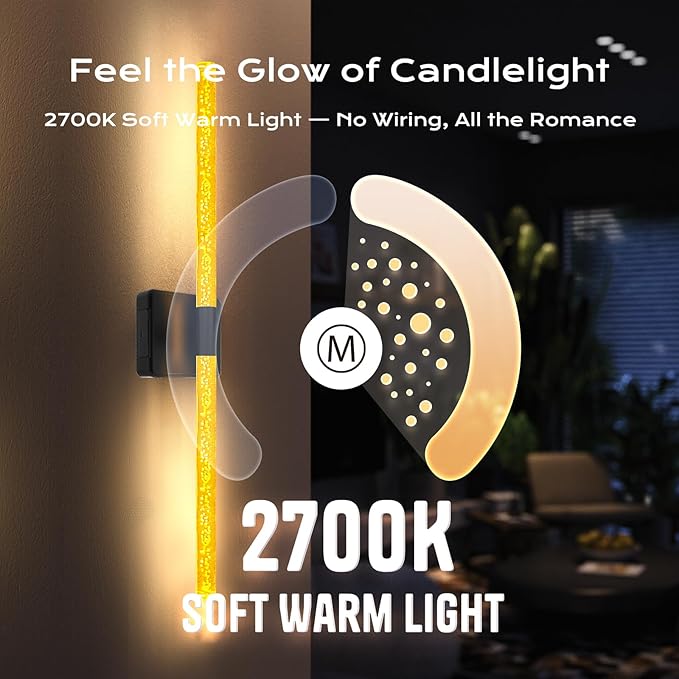 25in Crystal Battery Operated Wall Sconces Set of Two, [Sunset Glow Ambiance & 8000mAh Removable Battery] Dimmable 2700K–6000K, Touch/Remote Control, Wireless Wall Lamps for Home Decor–Black