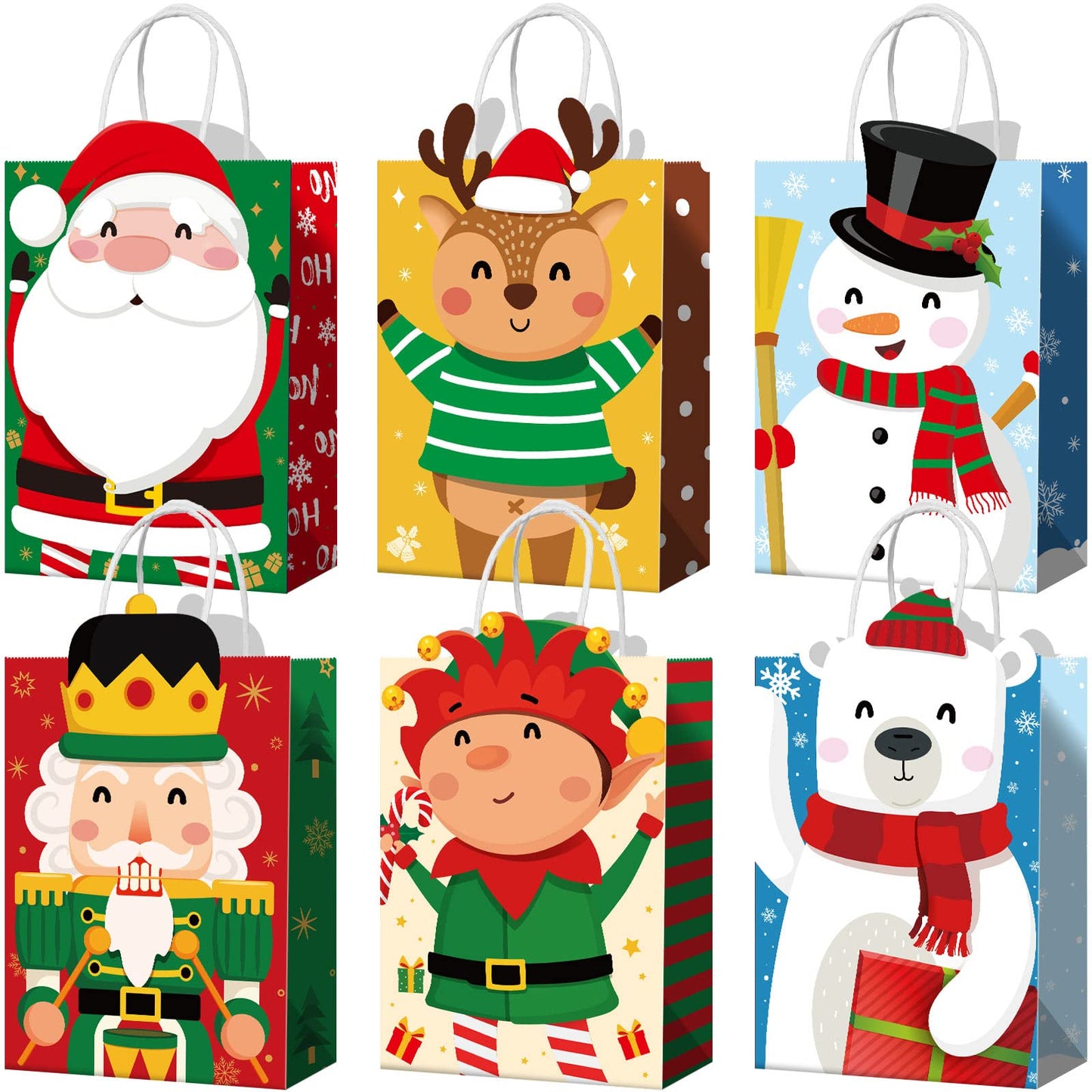 Funrous 36 Pack 36 Pack Christmas Gift Bags 6 Designs Christmas Kraft Paper Bags Xmas Treat Goodie Favors with Handles for Winter Holiday Snacks Gift Party Supplies, 8.6 x 6.3 x 3.2 Inch