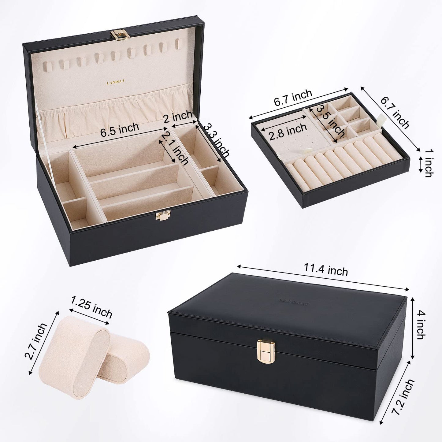 LANDICI Jewelry Box Organizer for Men Women, 2 Layer 4 Slot Watch Storage Case with Removable Tray, PU Leather Large Jewellery Holder Display for Watches Sunglasses Rings Earrings Necklace, Black