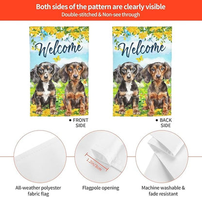 Puppy Lovers Spring Flowers Florals Cute Dachshund Dog Garden Flag Welcome Party Outdoor Outside Decorations Picks Home House Garden Yard Decor 12x18 Inch