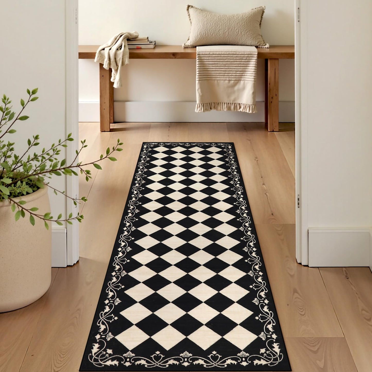 Beeiva Checkered Bathroom Runner Rug 2x6, Black and White Washable Runners for Hallways Non Slip, Moroccan Trellis 2x6 Rug for Besides Laundry Kitchen, Checkerboard Stain Resistant Bathroom Decor