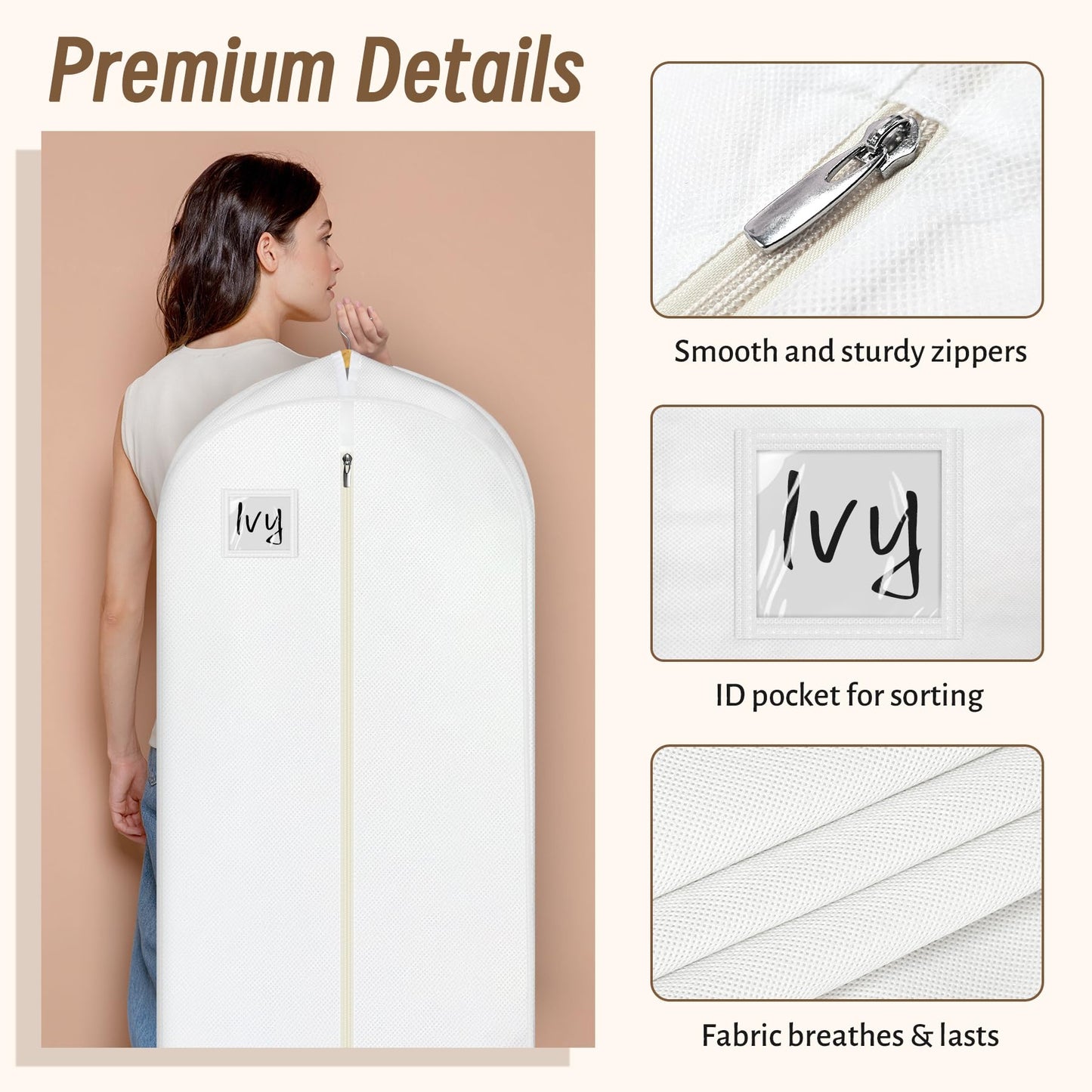 KIMBORA 72” Wedding Dress Garment Bag with 15” Gusset Bridal Dress Bags for Gowns Long Storage and Travel Large Mesh Pockets Hanging Garment Cover for Women, White