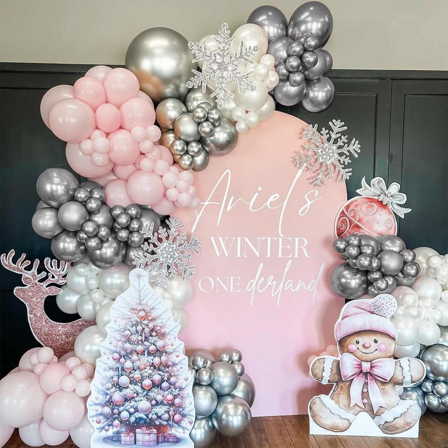 Pink White Silver Balloons Arch Kit, 154pcs Pink Winter Wonderland Balloons Garland Kit for Girls Princess Snowflake Theme Wedding Baby Shower Birthday Christmas Party Decorations