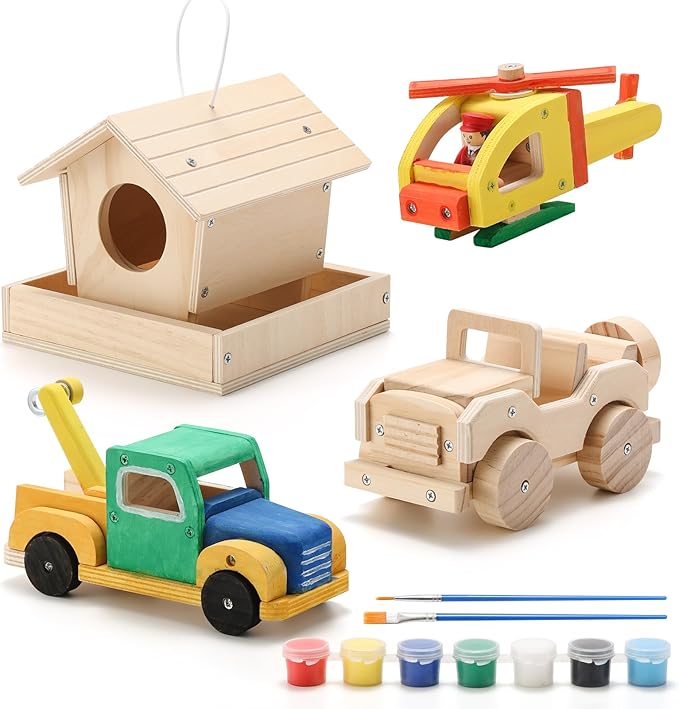 SainSmart Jr. Woodworking Building Kits for Kids with Birdhouse 4-in-1 Kids STEM Projects Set DIY Wood Crafts Assembly Toys with Paints &amp Brushes for Boys and Girls