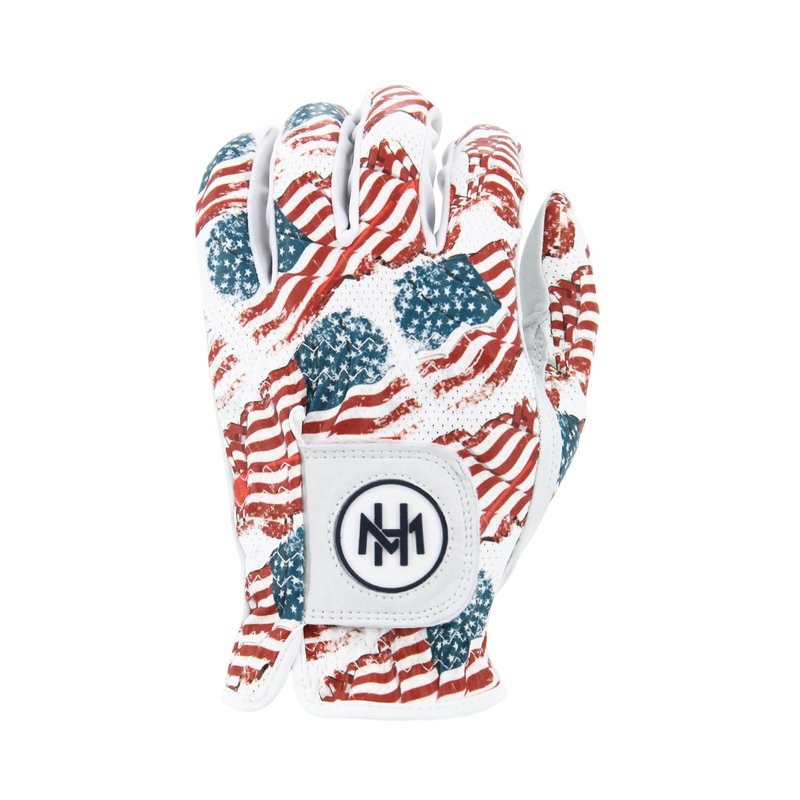 MULLIGAN HOOLIGAN® Men's Golf Glove | Premium Cabretta Leather & Mesh, Breathable Moisture-Wicking Comfort, Unique Standout Design for Men & Women (Patriotic USA Flag, Large, Worn On Right Hand)