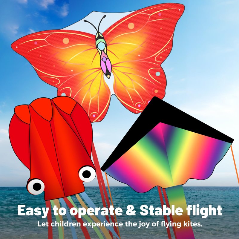 Crogift 3 Pack Large Kites, Easy to Fly Large Butterfly, Giant Red Octopus & Colorful Delta Kite for Beach Trip - Perfect Kites for Kids Ages 4-8 8-12, Gifts for Easter and Festival