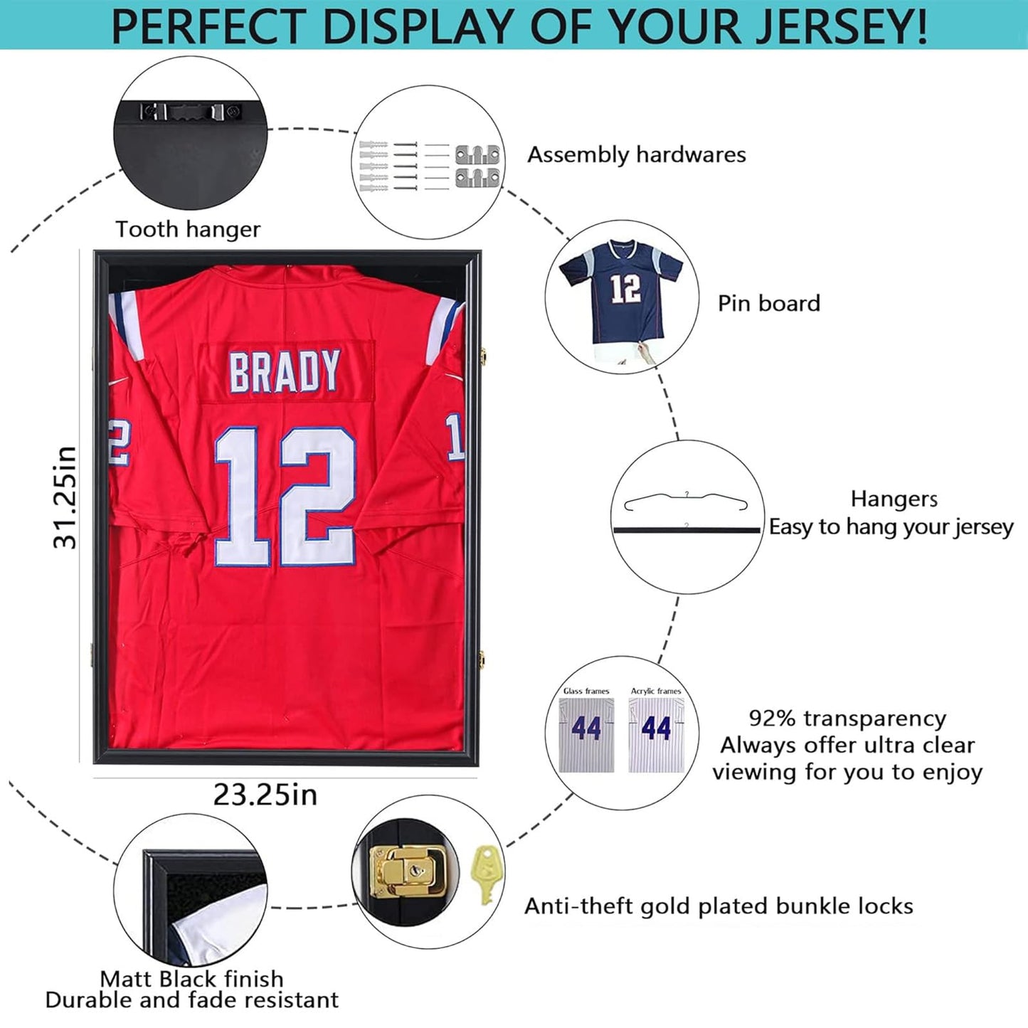 Grintus Jersey Frame Display Case Jersey Display Case Jersey Shadow Box with Uv Protection Acrylic and Hanger for Baseball Basketball Football Soccer Hockey Sport Shirt and Uniform,Black-2 Pack