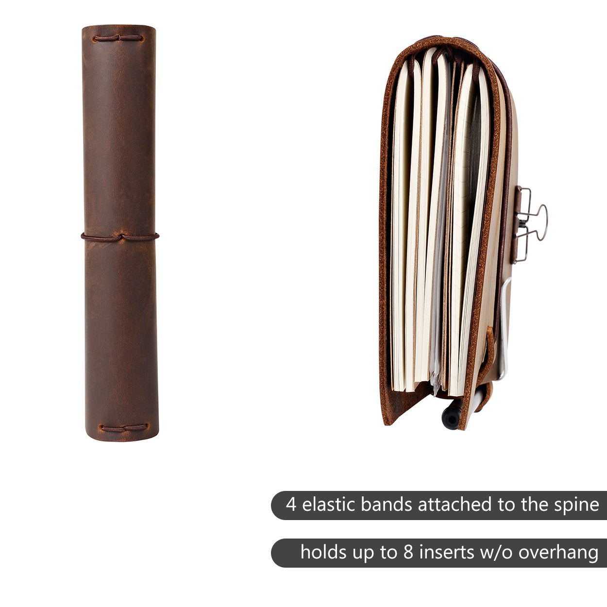 newestor Refillable Leather Journal Travelers Notebook - 8.5 x 4.5 Travel Diary with 5 Inserts + Pen Holder and Binder Clip, Standard Size, Brown