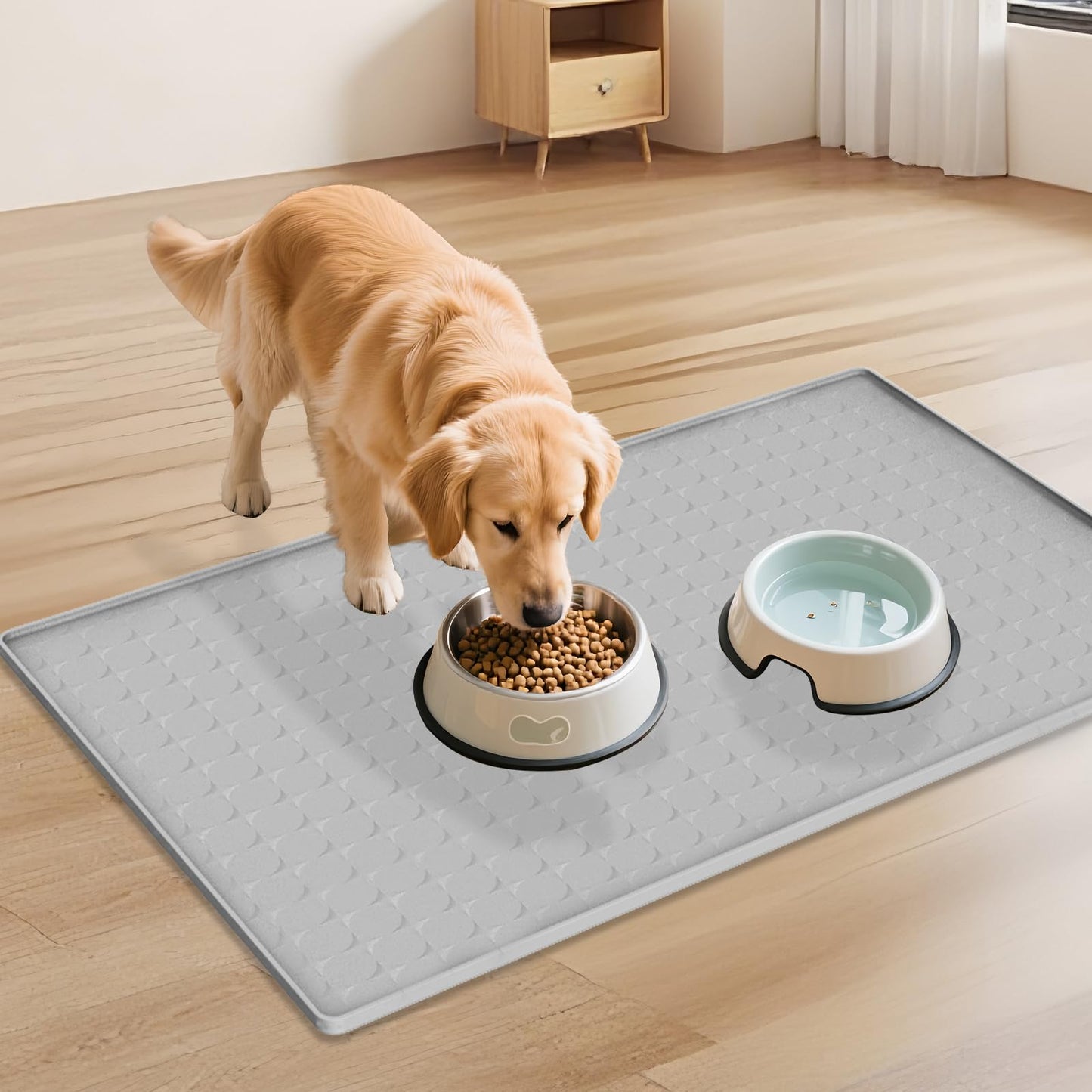 Extra Large Silicone Dog Food Mat 33.9"x21.9" – 0.27" Raised Edge Waterproof Pet Feeding Mat, Non-Slip Placemat for Multiple Bowls, Auto Feeders, Cat Fountains, Dishwasher Safe (Black/Gray)
