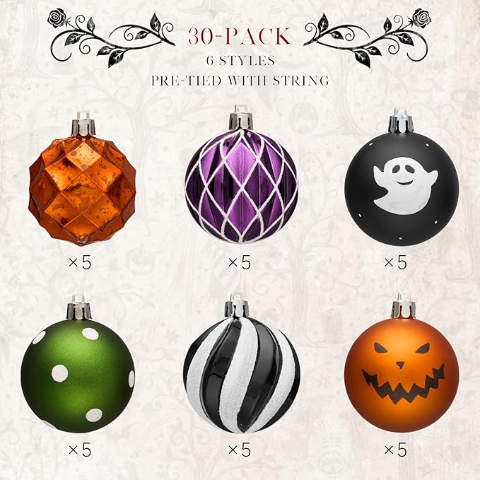 JORNOY Halloween Ornaments Set, Shatterproof Plastic Hanging Baubles for Tree with Lanyard, Balls Baubles for Home Holidays Decor, 2.36 inch/60mm, Ghost