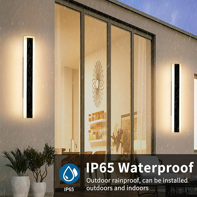 2 Pack 23.6inch Modern Outdoor Wall Light, Black Long LED Wall Sconce, 24W, IP65 Waterproof, 3000K Warm White, Exterior Wall Light Fixture for Porch, Patio, Garage, Yard, House, Garden