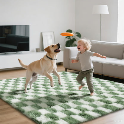 Area Rugs for Bedroom Living Room,5x8 Green and White Fluffy Soft Checkered Rug Fuzzy Shag Shaggy Carpet, Indoor Plush Floor Rugs for Kids Boys Girls Teen Dorm Nursery Home Decor