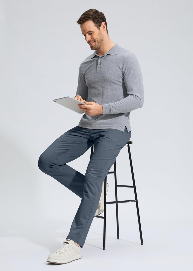 Pudolla Men's Golf Pants Work Dress Comfy Pants Casual Slacks Trousers with Pockets(Grey_Blue 30Wx34L)