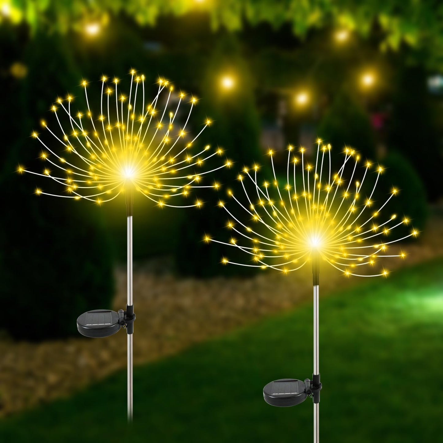 Slyuexu Solar Garden Lights Outdoor Waterproof, 2 Pack 120 LED Solar Firework Lights Decorative Garden Décor Outside for Flowerbed Pathway Party Christmas Decoration, Warm White