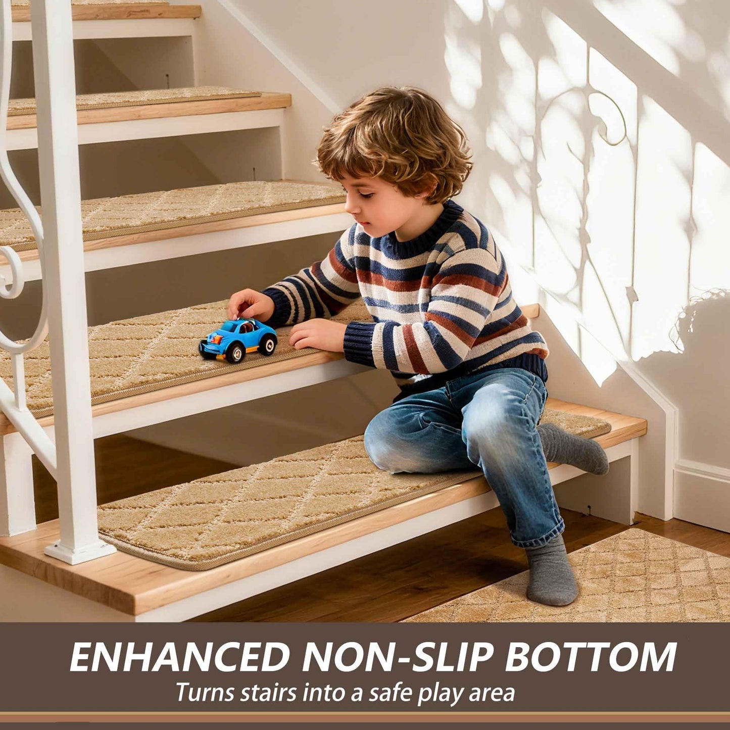 JOYKISS 9"x30" Stair Treads for Wooden Steps Indoor, 2Pcs Non Slip Peel and Stick Carpet Stair Treads, Washable & Reusable Self Adhesive Stair Runner Rug for Kids Elders Pets - Beige