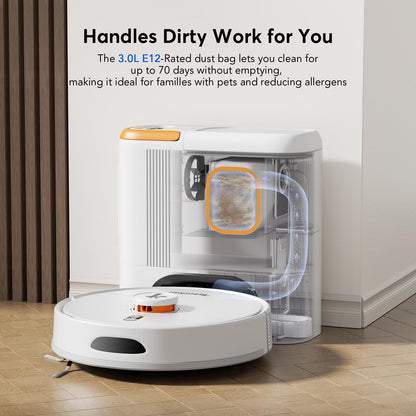 Teendow D20S Max+ Robot Vacuum and Mop, Specifically Handling Pet Hair Design, 6000Pa Max Suction, with Self-Empty Dock, 10 Weeks Hands-Free Cleaning, PreciSense LiDAR Navigation, App & Voice Control