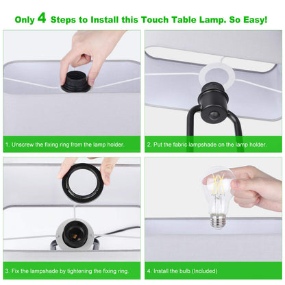 Lakumu Bedside Touch Control Table Lamps with Dual USB Charging Ports 1 AC Outlet, 3 Way Dimmable Modern Nightstand Lamp with Grey Fabric Shade, Desk Lamp for Bedroom Living Room with 5000K LED Bulb