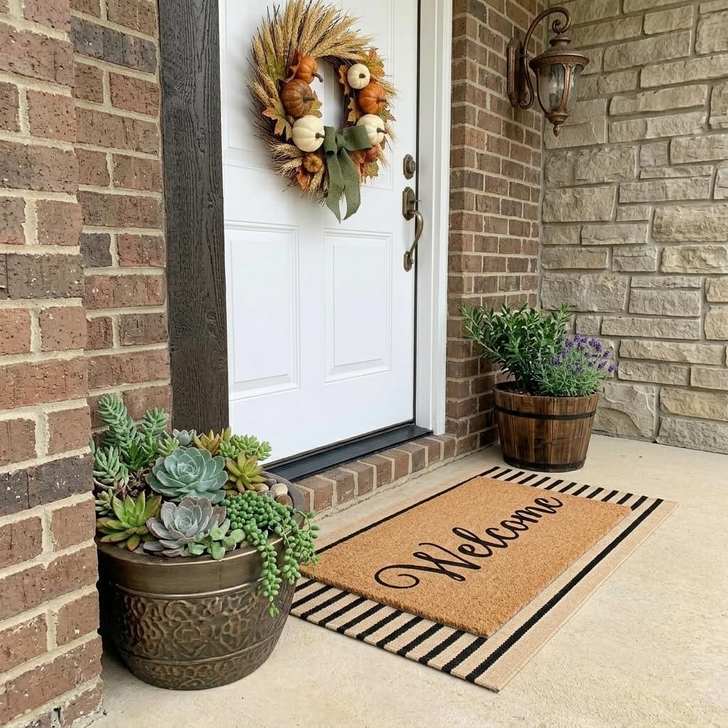 LEEVAN Outdoor Door Mat 2'x3' Washable Welcome Mat Woven Black and White Entryway Rug Farmhouse Front Porch Decor Outside Entrance Striped Outdoor Floor Mats
