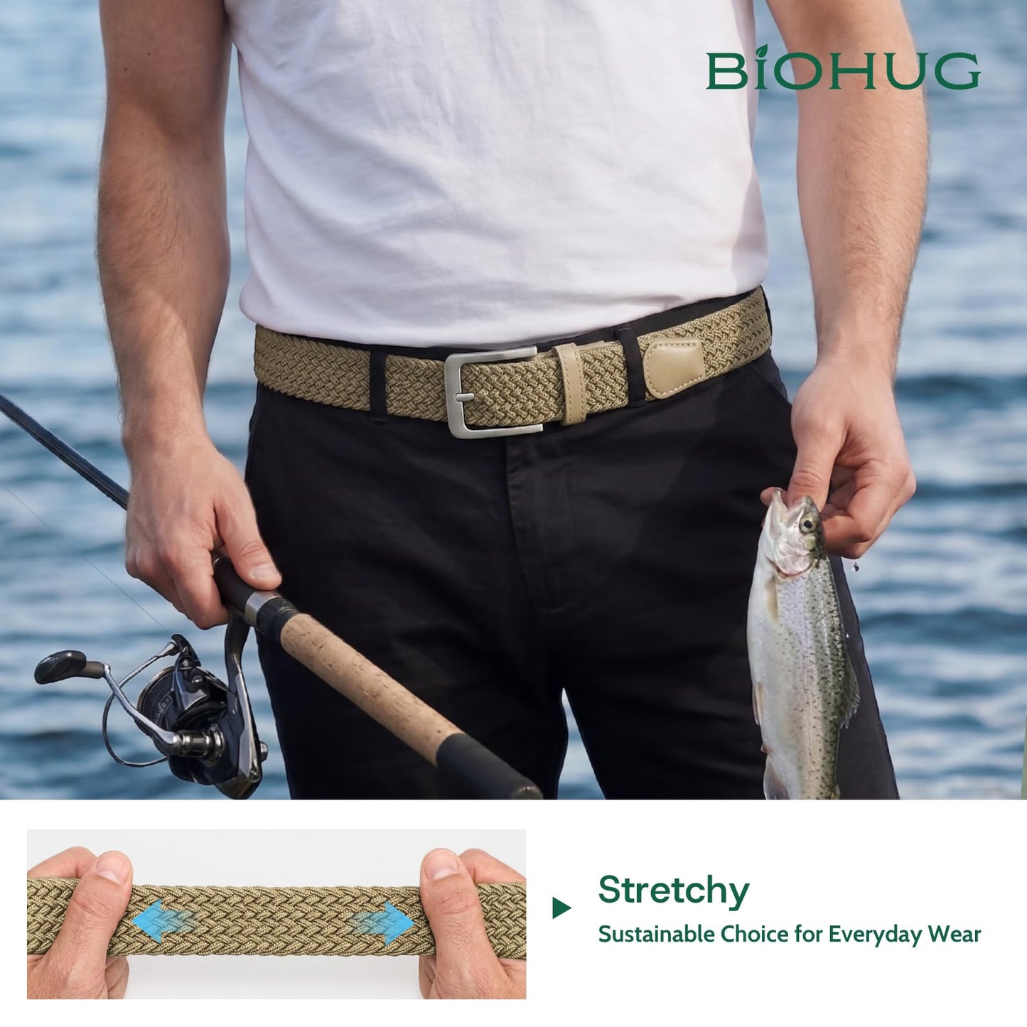 BIOHUG Men's Elastic Braided Belt Eco-Friendly Recycled Fabric Stretch Woven Belt for Jeans Pants,Golf Casual Wear 1.34" Width Khaki