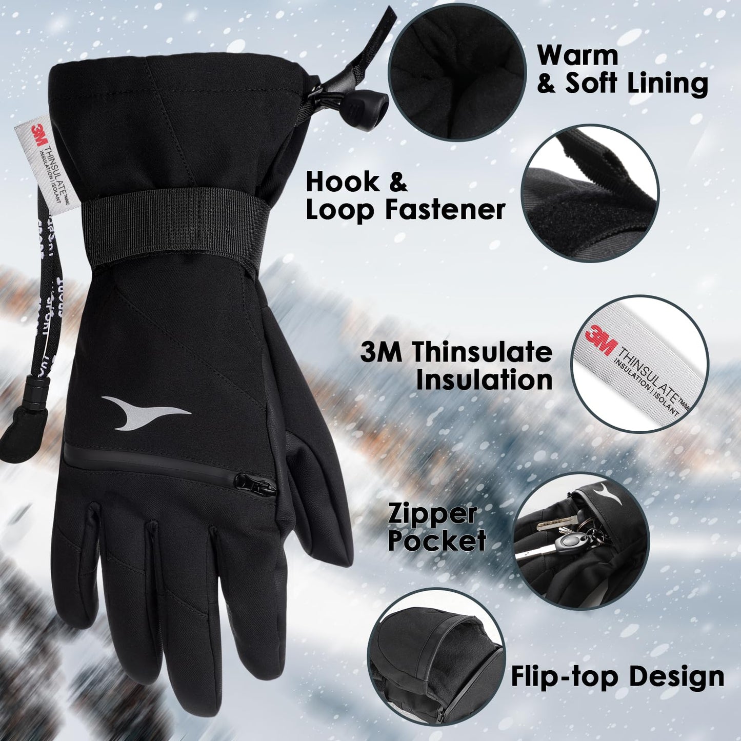 Achiou Ski Gloves,Winter Cold Weather Gloves for Men Women,Waterproof Touchscreen Snow Mittens