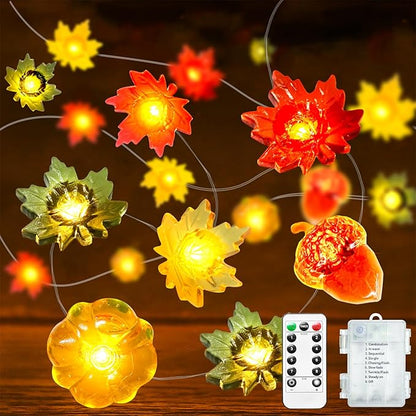 btfarm Fall Decor 16.4FT 50 LED 3D Pumpkin Maple Leaf Acorn Fairy String Lights Battery Operated with Remote Timer, Thanksgiving Decorations Waterproof for Home Autumn Harvest Halloween Party