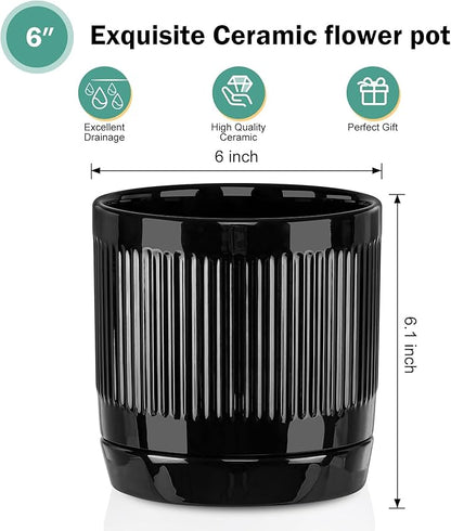 Vanavazon Ceramic Planter Pots for Indoor Plants with Drainage Hole and Saucer,6 Inch Cylinder Plant Pots,Glazed Finish Interior and Exterior,Set of 2 (Black)