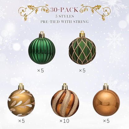 JORNOY Christmas Balls Ornaments, 30ct Shatterproof Xmas Tree Decorations, Hanging Bulbs Baubles Set with String for Holiday Home Party Decor, 2.36 inch/60mm, Earth Tone