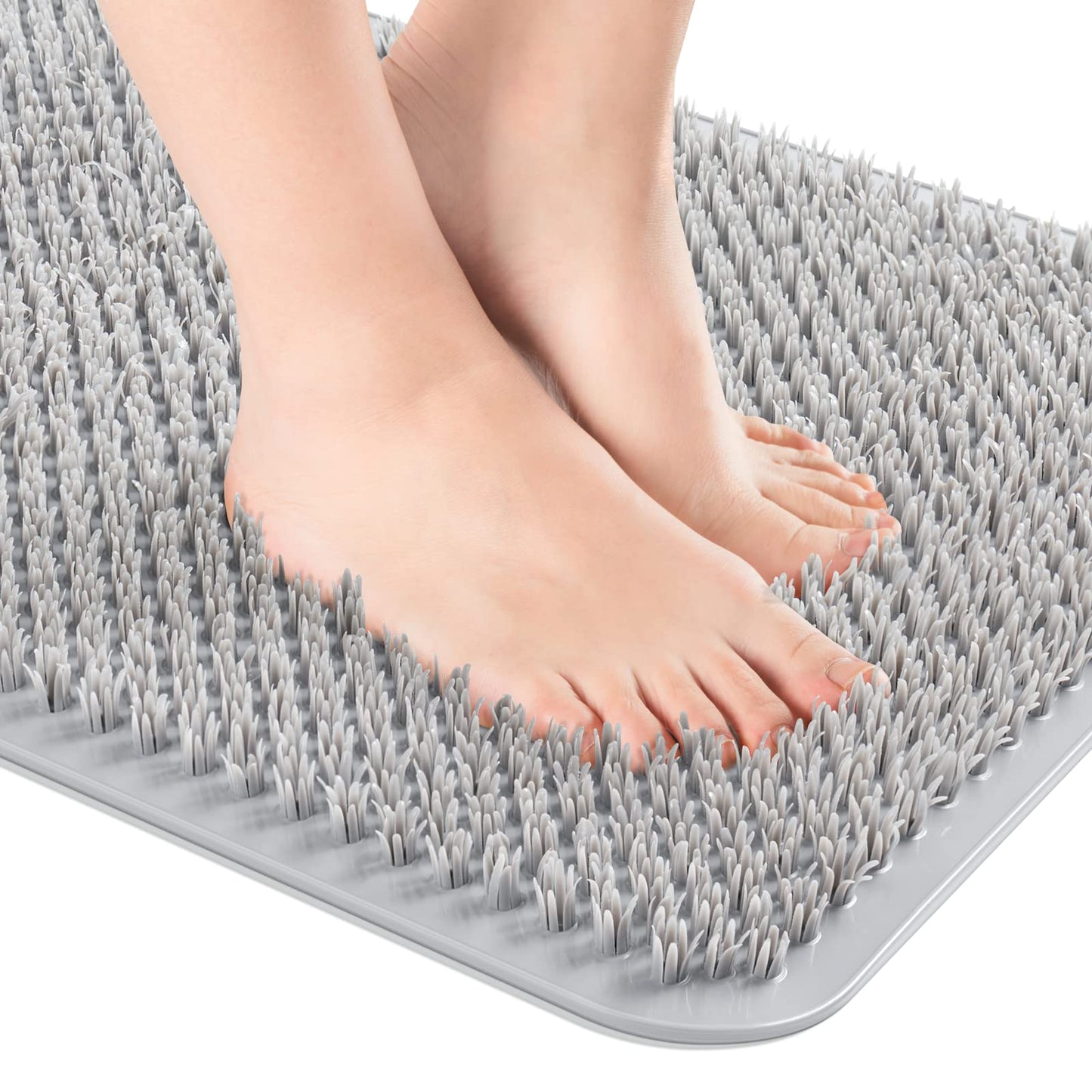 OTHWAY Non Slip Grassy Bathtub Mat : 25.6X13.4 inches Sturdy But Soft Bath Mat_Quick Drain Shower Floor Mat with Soft Bristles for Scrubbing Feet (Light Grey)