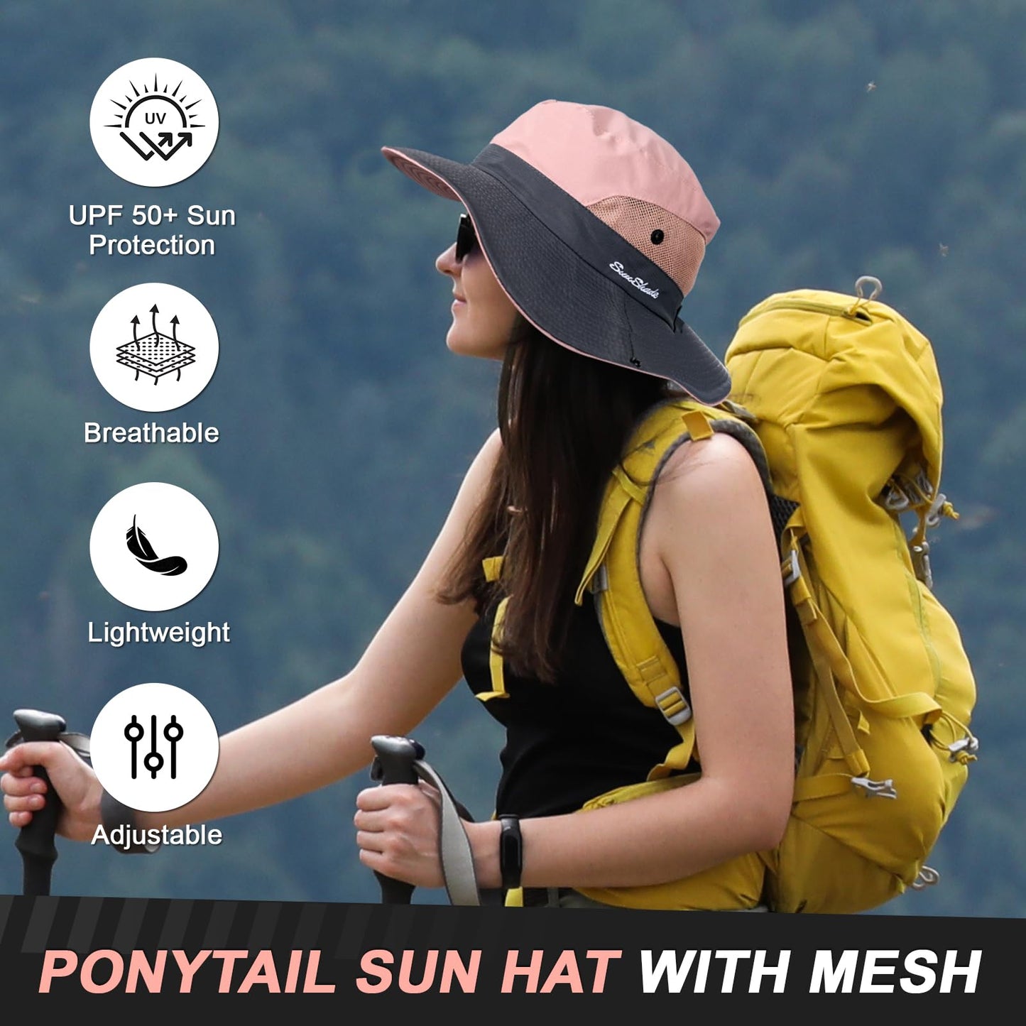 Sun Hats for Women, Wide Brim Beach Bucket Hats with Ponytail Hole, Outdoor UV Protection Foldable Fishing Hat Cooling Mesh Hiking Bucket Hat, Pink