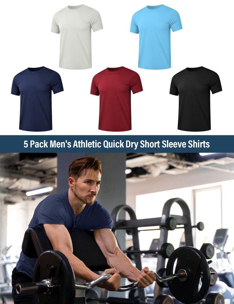HOPLYNN 5 Pack Men's Dry Fit Workout Gym T Shirts, Short Sleeve Active Running Athletic Tee Tops 1 Black 1 Blue 1 Gray 1 Navy Blue 1 Wine X-Large