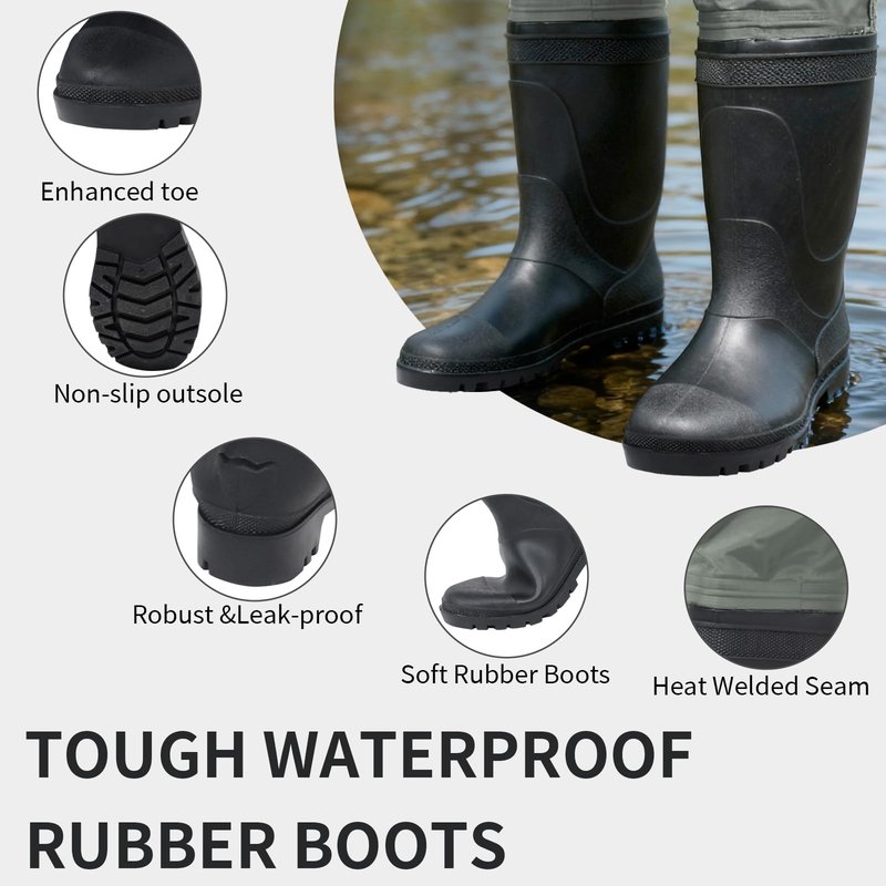 DikaSun Fishing Waders for Men & Women, Waterproof 2-Ply Nylon/PVC Chest Wader with Boots for Outdoor Sizes 4-13 Bootfoot