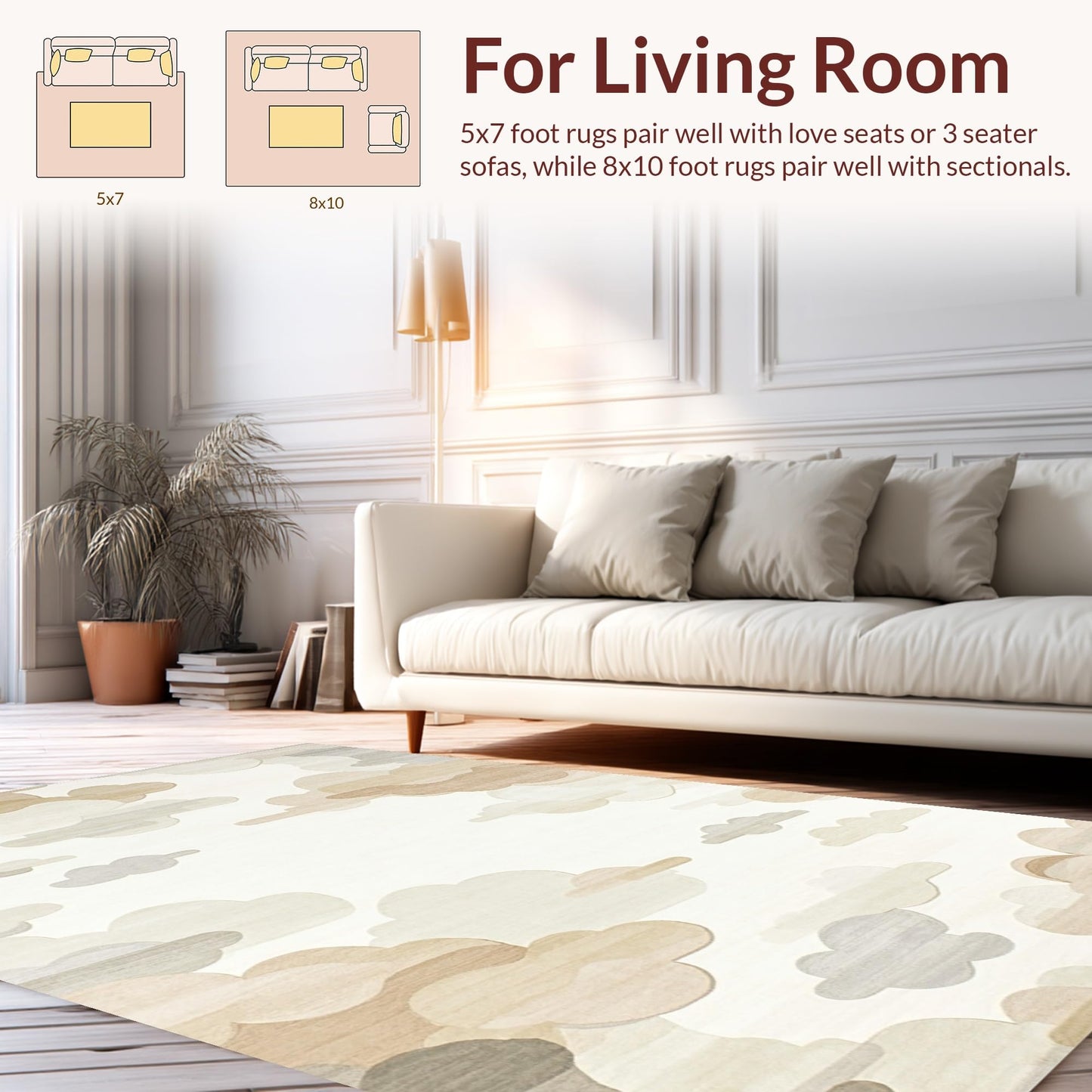 ODIKA Flatwoven High Traffic Area Rug 5x7, Whispering Clouds Shag Rug with Gentle Cloud Like Forms, Non Slip, Stain Resistant, Washable Area Rugs for Living Room, Bedroom (Beige, 5x7)