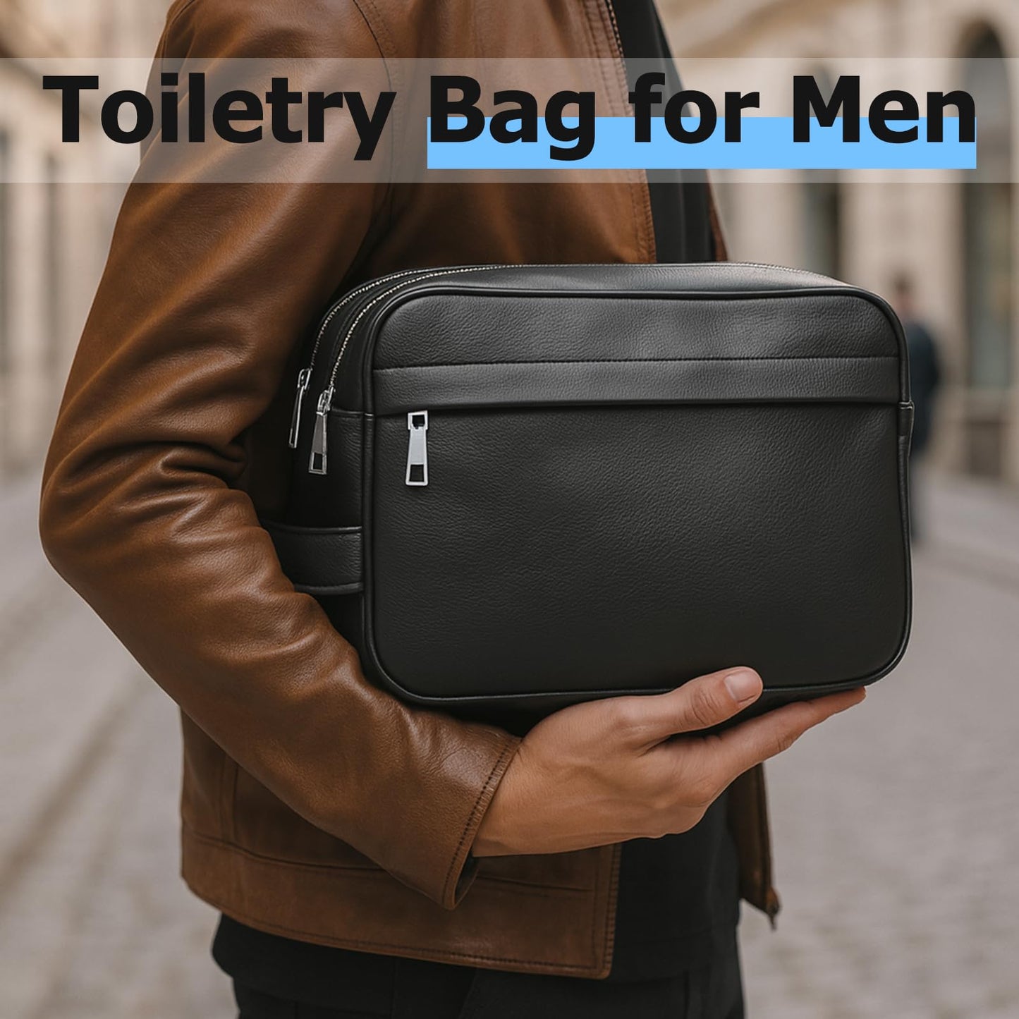 MIRASON Travel Toiletry Bag for Men Thickened Leather Travel Bag for Toiletries, Dopp Kit Water-resistant Shower Bag for Shaving Gym Bathroom Organizer Gifts for Men, Black