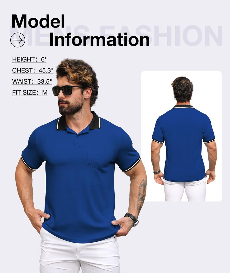 ZITY Mens Polo Shirts Casual Short Sleeve Athletic T-Shirts Classic Contrast Collar Shirt with Pocket Golf Polo Shirt for Men Royal Blue