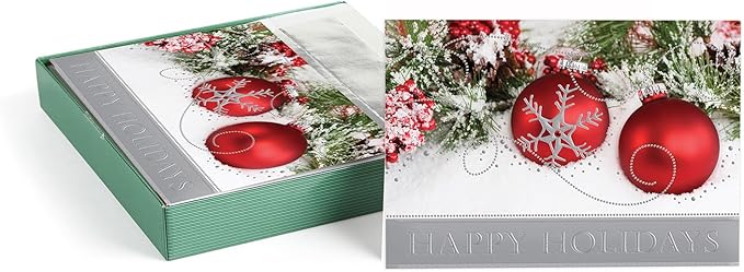 Masterpiece Holiday Ornament Sparkle Christmas Cards / 16 Boxed Holiday Card Set With Silver Foil Accents And Coordinating Envelopes / 5 5/8" x 7 7/8" Folded Winter Holidays Greeting Cards With Inside