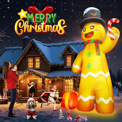 12FT Giant Christmas Inflatables Gingerbread Man Built-in Bright LED Light, Huge Christmas Decorations Outdoor Hold Candy Cane & Gift Large Christmas Blow Up Yard Decoration for Xmas Holiday Party