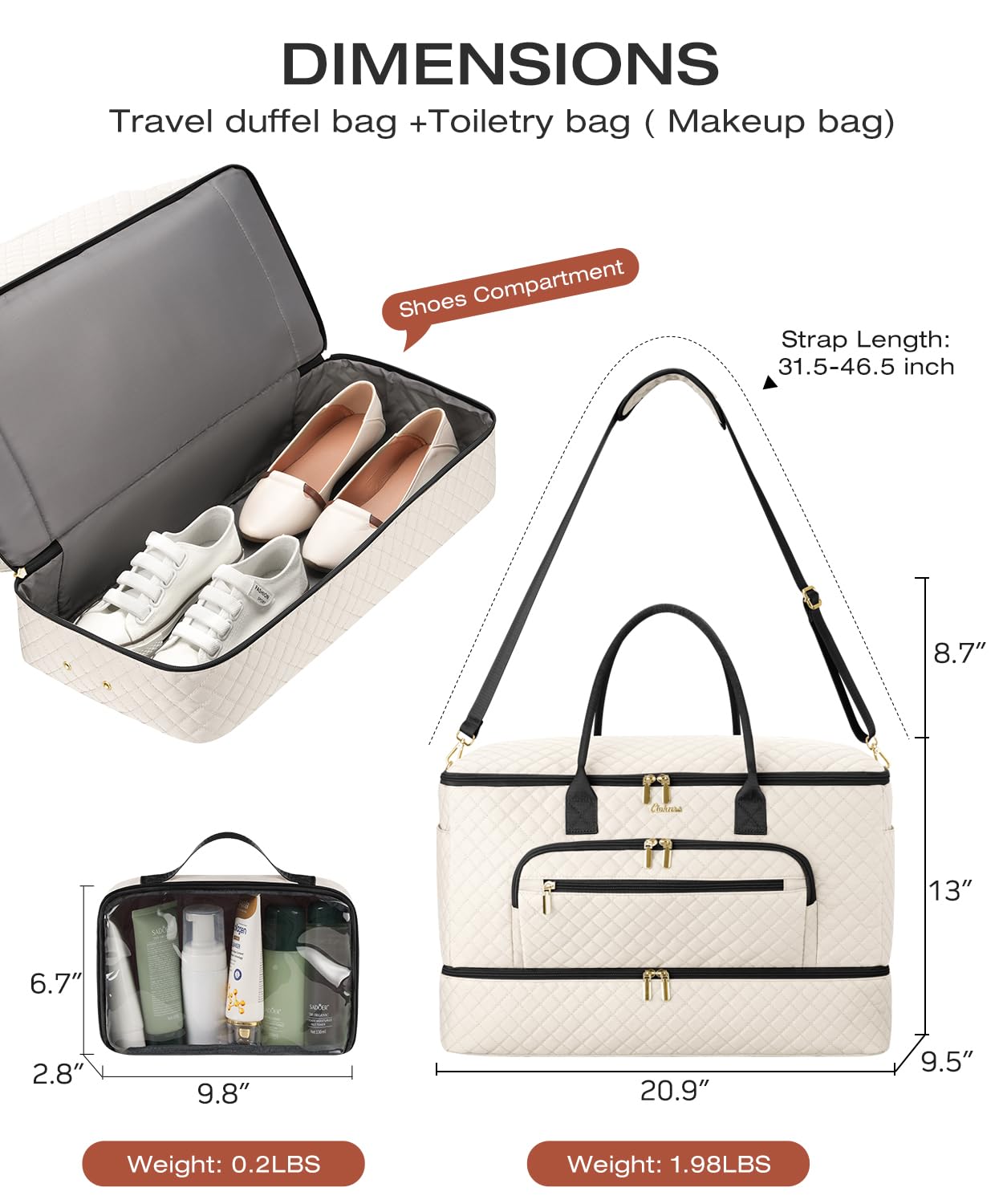 CLOKARS Travel Duffle Bag, Wide Open Large Weekender Bag for Women with Shoe Compartment, Carry on Overnight Bags with Toiletry Bag, Hospital Bag for Women Labor Delivery with Wet Pocket (Beige Black)