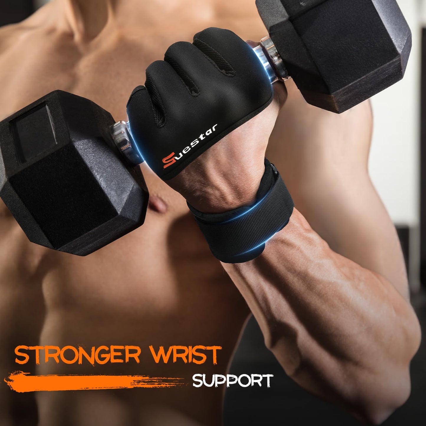 SueStar Workout Gloves, Heavy Duty Cowhide Padded Weight Lifting Gloves with Wrist Support, Full Palm Protection & Silicone Grips, Ideal for Weightlifting, Deadlifts, Exercise (Large), Black